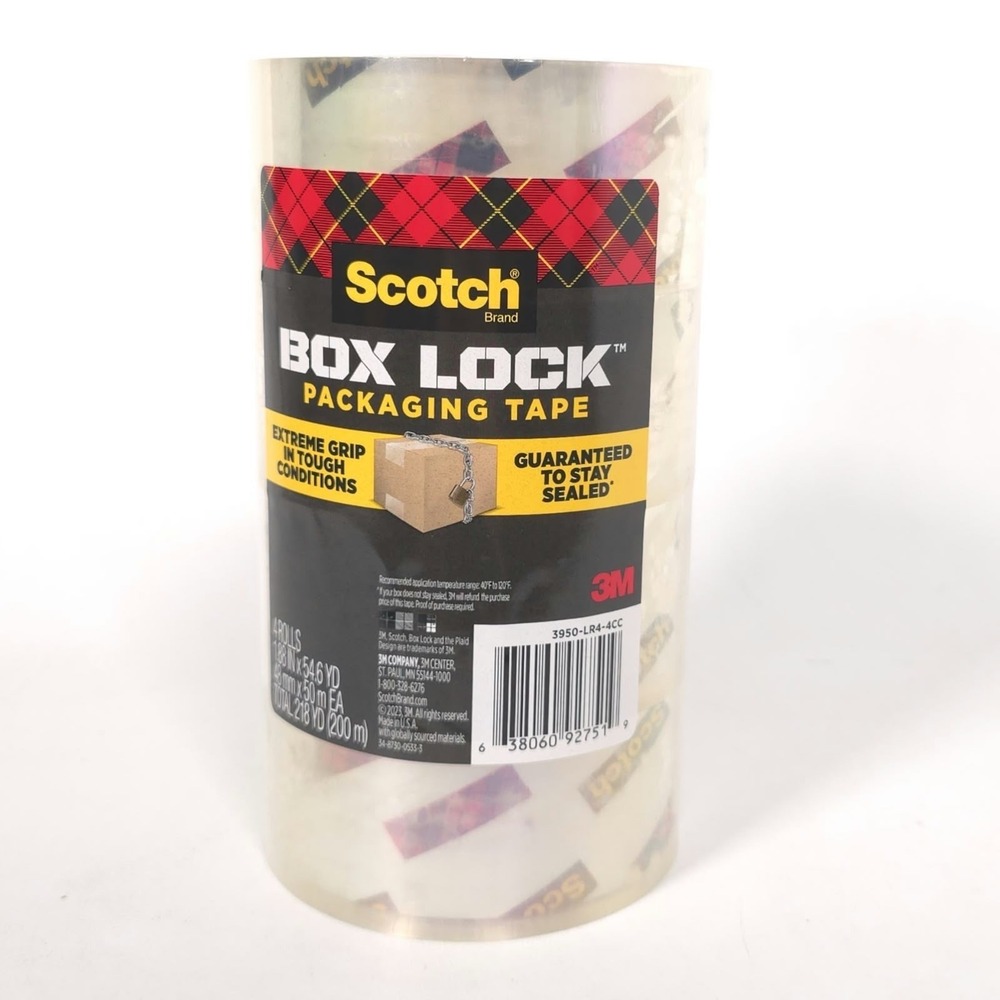 Scotch 3M Box Lock Shipping Tape 3950-LR4-4CC 4 Rolls 1.88 in x 54.6 YD Clear